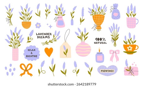 Lavender Flower Elements Set. Summer Provence Wildflowers collection in pastel colors and minimal playful style. Floral flat vector illustration