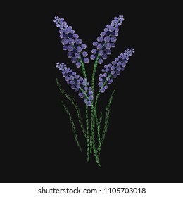 Lavender flower embroidered with purple and green stitches on black background. Gorgeous embroidery design with aromatic herb or flowering plant. Needlework or fancywork. Vector illustration.