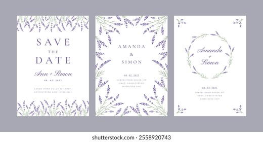 Lavender flower event card templates. Elegant floral wedding invitations with date and couple names decorated with lavender sprigs frames. Save the Date card with provence flowers vector set.