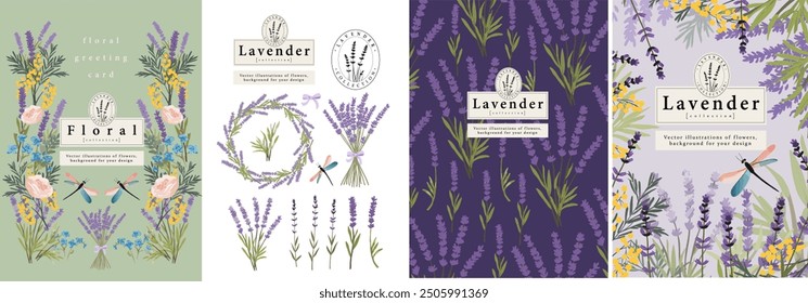 Flor de lavanda, flores y adorno floral. Vector linda ilustración elegante de lavanda púrpura, corona, ramo, patrón. marco y diseño para el fondo, tarjeta de felicitación, invitación de boda 