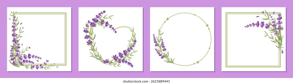 Lavender flower frame set. Botanical vector border for your design. Illustration for invitations, cards, logo and branding. Hand drawn