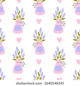 Lavender Flower Heart Seamless Pattern. Modern Aromatic pastel colored floral bouquet in sachet sack. Provence minimal romantic background. Flat vector illustration