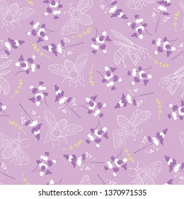 Lavender Flower Honey Bees vector Seamless Pattern