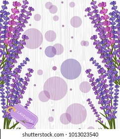 Lavender flower on white wood texture Background. Purple bokeh in the middle Vector