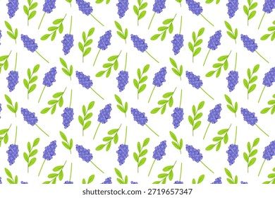 Lavendelblumenmuster auf weißem Hintergrund, mit grünen Blättern und violetten Blüten. Diese nahtlose Vektorgrafik eignet sich perfekt für textile Designs, Tapeten oder Projekte mit botanischem Thema.