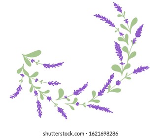 Lavender flower round frame on white background. Round frame decor illustration.