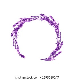 Lavender flower round twig watercolor illustration. Circle lavender frame. Decoration floral design. Love and marriage. Valentines day. Lavender twig wedding symbol. Isolated raster