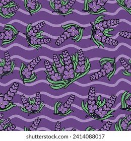Lavender Flower Seamless Pattern in Cartoon Style. Perfect For Background, Backdrop, Wallpaper and Cover Packaging. Vector Illustration.