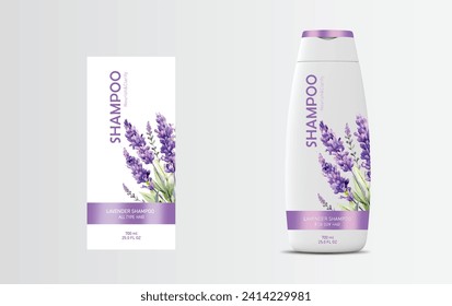 Flor de lavanda Diseño de etiquetas de champú, diseño de plantillas de botellas de champú ilustración vectorial, diseño de etiquetas de vectores, Paquete EPS, diseño de etiquetas de lavanda de color de agua, champú morado de burla - Vector de etiquetas