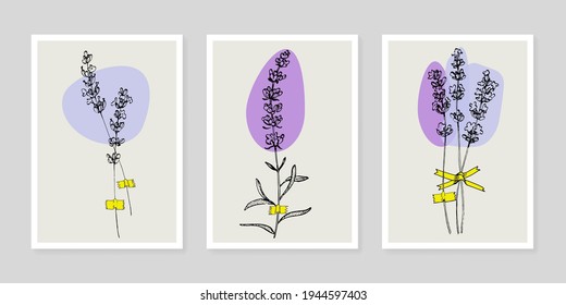 Lavender flower wall art plant set. Foliage of nature line art drawing with abstract shape. Modern Abstract Plant Art design for print, cover, wallpaper, illustration with decor wall art.
