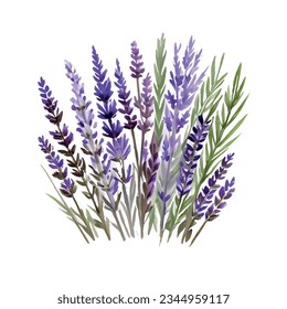 Flor de lavanda acuarela ilustración de dibujos a mano aislada en fondo blanco.elemento de decoración de flores verde violeta provenzal.Imprimir,tarjeta,patrón,marco,boda,diseño de pegatinas.Decoración.Logo