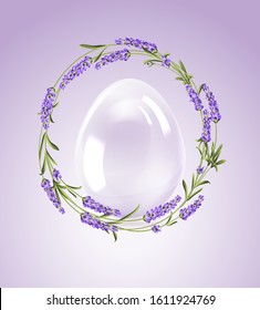 Lavender flowers around contour of easter egg with curves of calligraphic text. Holiday card on the white background. Template for your design. Vector illustration.