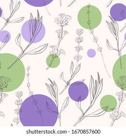 lavender flowers background hand drawn illustration with colorful circles. Doodle style. Design for cosmetics, makeup, beauty salon, natural and organic products, health products, aromatherapy.