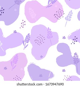 Lavender flowers background hand drawn illustration with lilac spots. Doodle style of lavender flowers. Design for cosmetics, makeup, beauty salon, natural and organic products, health products