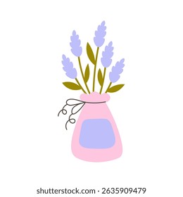 Lavender Flowers in Bag. Scented Floral Sachet flat vector illustration in hand drawn style. Aroma icon symbol