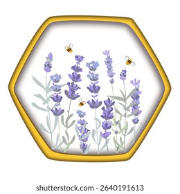 Lavender flowers and bees in a honey comb isolated composition. Beekeeping products packaging design element. Hand drawn vector illustration.