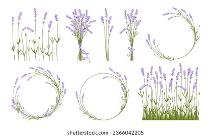 Lavender flowers branch and bouquet, herbal design set. Hand drawn wedding herb monogram and border, wreath elegant leaves. Botanical rustic trendy greenery frame for invitation card postcard, poster