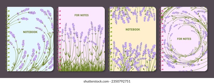 Lavender flowers branch trendy notebook cover set. Notepad with rustic lavender greenery. Herbal elegant design for planner, brochure, book, catalog. Decorative layout page print template poster