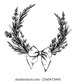 Lavender flowers and branches with satin fabric bow. Graphic illustration line art hand drawn in black and white colors monochrome. Round frame wreath template for text