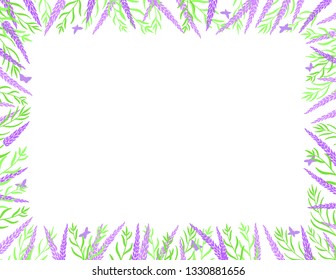Lavender flowers with butterflies frame border with a blank space for a text, logo, or product designs. View from above. Paper scale. Hand drawn vector illustration.