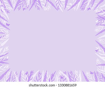 Lavender flowers with butterflies frame border with a blank space for a text, logo, or product designs. View from above. Paper scale. Hand drawn vector illustration.