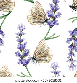 Lavender flowers and butterflies, seamless pattern, watercolor. Hand drawn vector illustration. For the design of wrapping paper, textile, covers, fabric, wallpaper, banners.