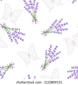 Lavender flowers and butterfly seamless pattern. Vector floral illustration. Spring background. Cartoon flat style.