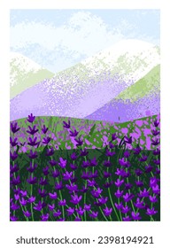 Lavendel-Blumenkarte. Sommerfeld, florale Wiese, Naturhintergrund. Frühlingslandschaft, blühende Lavandula, Lavander. Blühende Pflanzen, Berge und Himmel, vertikale Poster. Flache Vektorgrafik