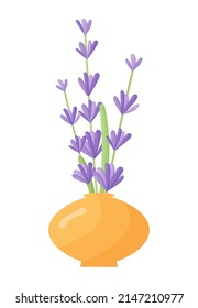 Lavender flowers in a ceramic pot. Vector illustration of lavender blooming in a modern style. Indoor plants in a clay pot. Gardening.