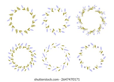 Conjunto De Quadros Circulares De Flores De Lavanda. Bordas Redondas de Ervas Botânicas Modernas com ramo de galho de primavera floral e folhas. Elementos decorativos festivos para cartão de saudação. Ilustração vetorial