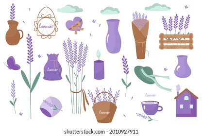 Lavender flowers is a collection of romantic elements in the style of Provence. Vector illustration isolated on a white background. For design, printing on paper or fabric