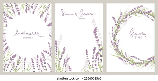 Lavender Flowers. Collection Vector Illustration, Banner With Wildflowers, Background For Postcard Or Invitation.	