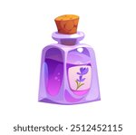 Lavender flowers, cosmetics and oil. Isolated vector glass bottle of purple lavender perfume, sealed with a cork and adorned with a charming blossom label, suggesting a fresh, natural floral scent