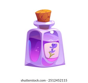 Flores de lavanda, cosméticos y aceite. Botella de cristal de Vector aislada del perfume púrpura de la lavanda, sellada con un corcho y adornada con una etiqueta encantadora de la flor, sugiriendo un olor floral fresco, natural