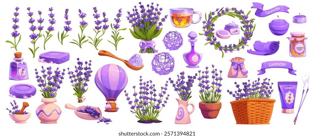 Lavender flowers, cosmetics and oil, vector spa products set. Cartoon purple flowers and green leaves of lavender plant, provence herb soap, cream, tea and bath salt, aromatherapy candles and sachet