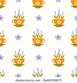 Lavender Flowers in Cup Seamless Pattern. Creative Floral Background. Herbal tea wrapping paper design with cup and purple blossoms. Repeat vector illustration in pastel colors