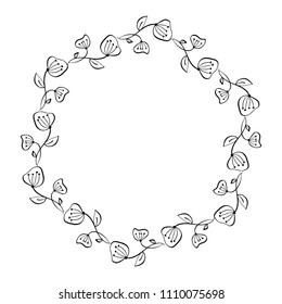 Lavender flowers decorative wreath isolated on white background, Round frame hand drawn doodle vector sketch herbal line art graphic design for greeting card, invitation, wedding design, cosmetic