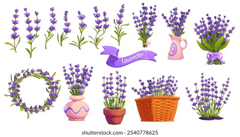 Lavender flowers in flowerpots, wreath and bouquets, vector Provence or French design. Cartoon lavender flowers in pink pots and wicker basket with ribbon banner for wedding or garden herb cosmetics