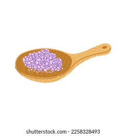 Lavender flowers fragrant ingredients in spoon for soap making. Vector aromatic material for aromatherapy, perfumery and organic cosmetics