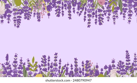 Fondo de marco de flores de lavanda con patrón floral lila púrpura, borde de Vector. Marco de flores de lavanda de Provenza sobre fondo lila para tarjeta de felicitación de boda o ramo de hierbas de jardín para cosméticos