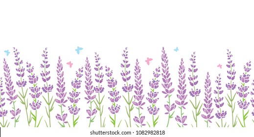 Lavender Flowers Frame Border Seamless Pattern. Beautiful Violet Lavender Flowers Retro Background And Borders. Elegant Fabric On Light Background. Surface Pattern Design.