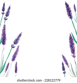 Lavender flowers frame. Watercolor hand drawn background. Vector illustration.