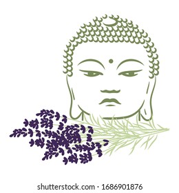 Lavender flowers in front oh Buddha head, vector