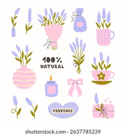 Lavender Flowers Hand drawn Set. Minimalist collection of Rustic Romantic Bouquet Bunch Vase Provence symbols Tea Cup Soap bottle candle. Flat vector illustration