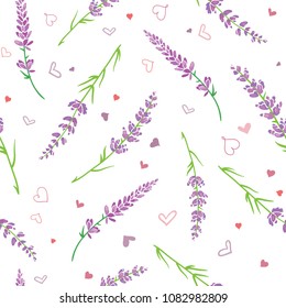 Lavender flowers and hearts seamless pattern. Beautiful violet lavender flowers retro background and borders. Elegant fabric on light background. Surface pattern design.