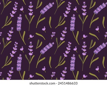 Flores de lavanda, hierba, ramo, patrón sin costuras. Vector repetido de fondo con flores silvestres.