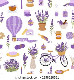 Flores de lavanda, hierba y ramo, perfume, cosméticos sin fisuras. Fondo floral con plantas de lavanda vectorial, ramos y hojas de flores de lilo, lavandula, aceite esencial, nata y jabón