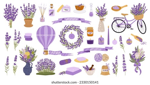 Lavender flowers, herb and bunch, perfume, cosmetics and oil, candles and bouquet. Isolated vector set in cute provence style, wreath, air balloon, bicycle, towels, jars, spa items for aroma therapy