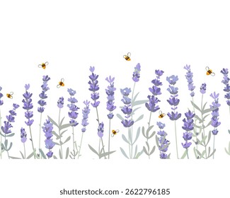 Lavender flowers and honey bees border seamless pattern. Hand drawn vector illustration.