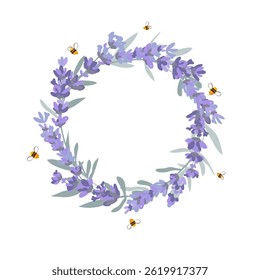 Lavender flowers and honey bees wreath seamless pattern. Hand drawn vector illustration